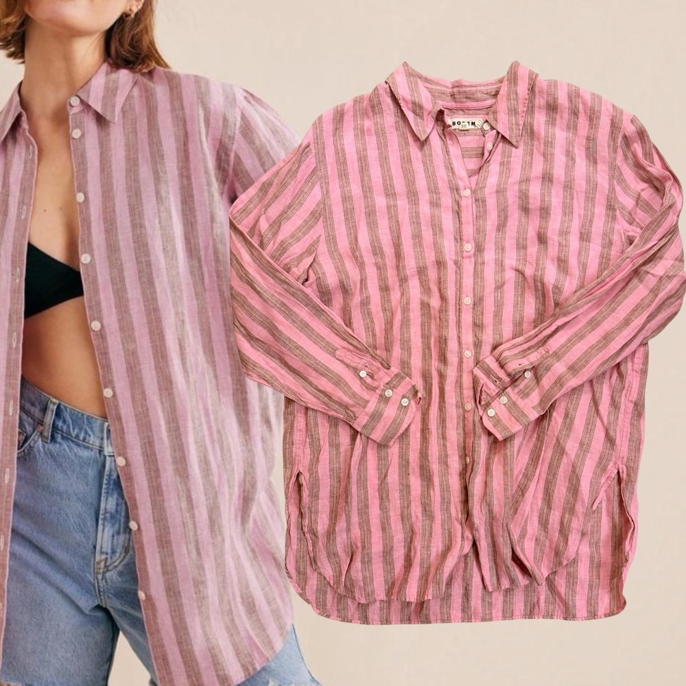 Boden Button Down Shirt Relaxed Linen Striped Pink Brown US 12R